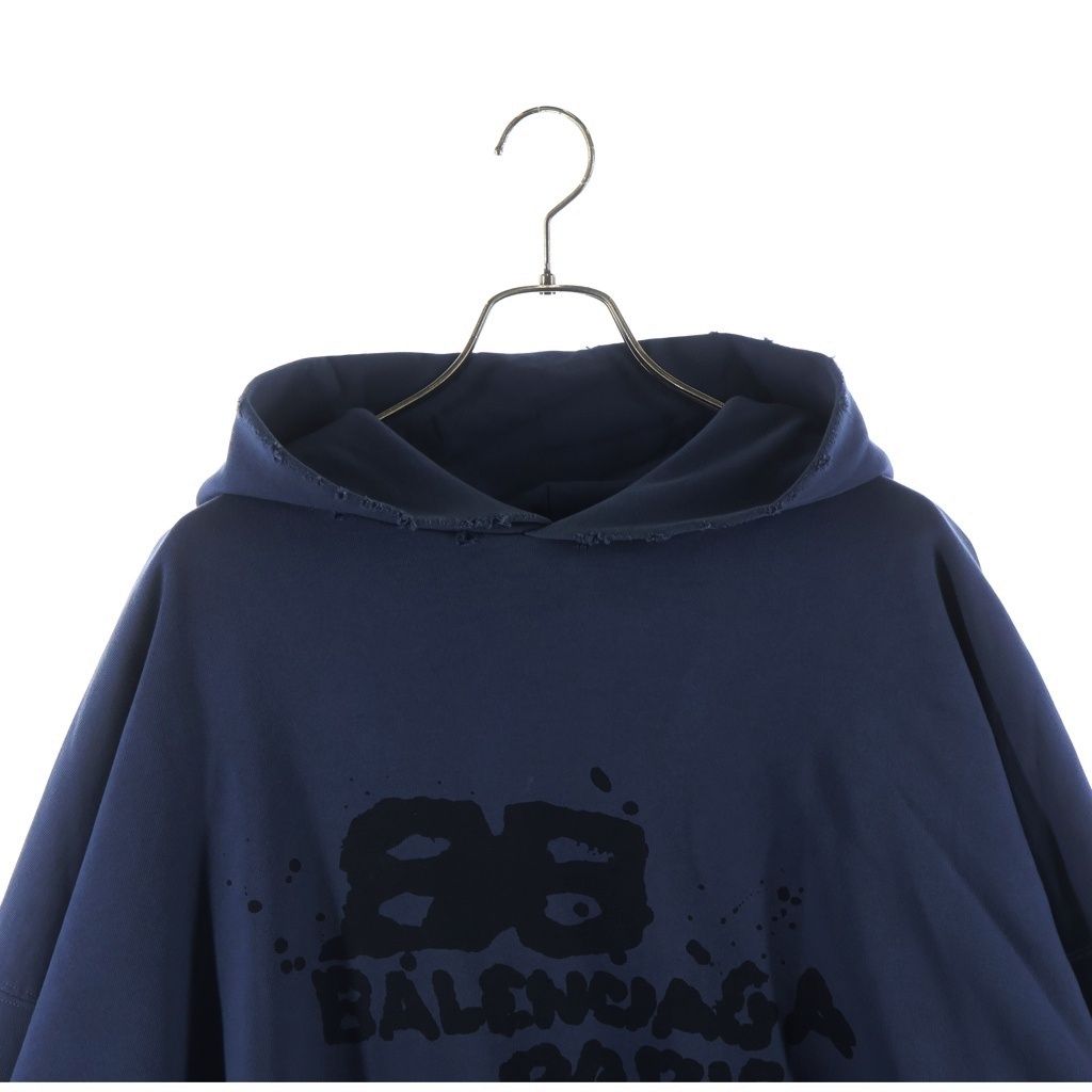 Balenciaga Hand Drawn BB Icon Hoodie Distressed Logo Oversize Pullover Navy — view 3