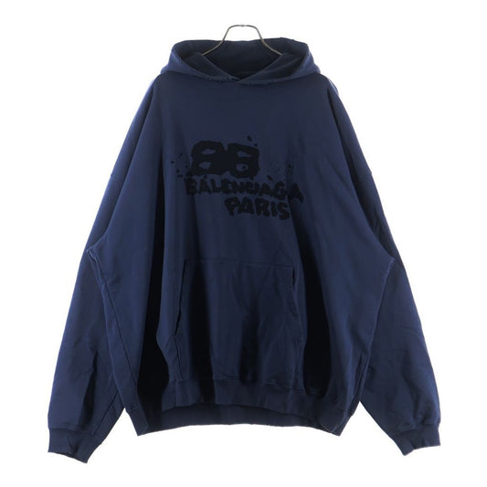 Balenciaga Hand Drawn BB Icon Hoodie Distressed Logo Oversize Pullover Navy