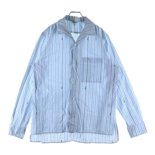 Loewe Logo Embroidery Chest Pocket Open Collar Striped Long Sleeve Shirt Blue