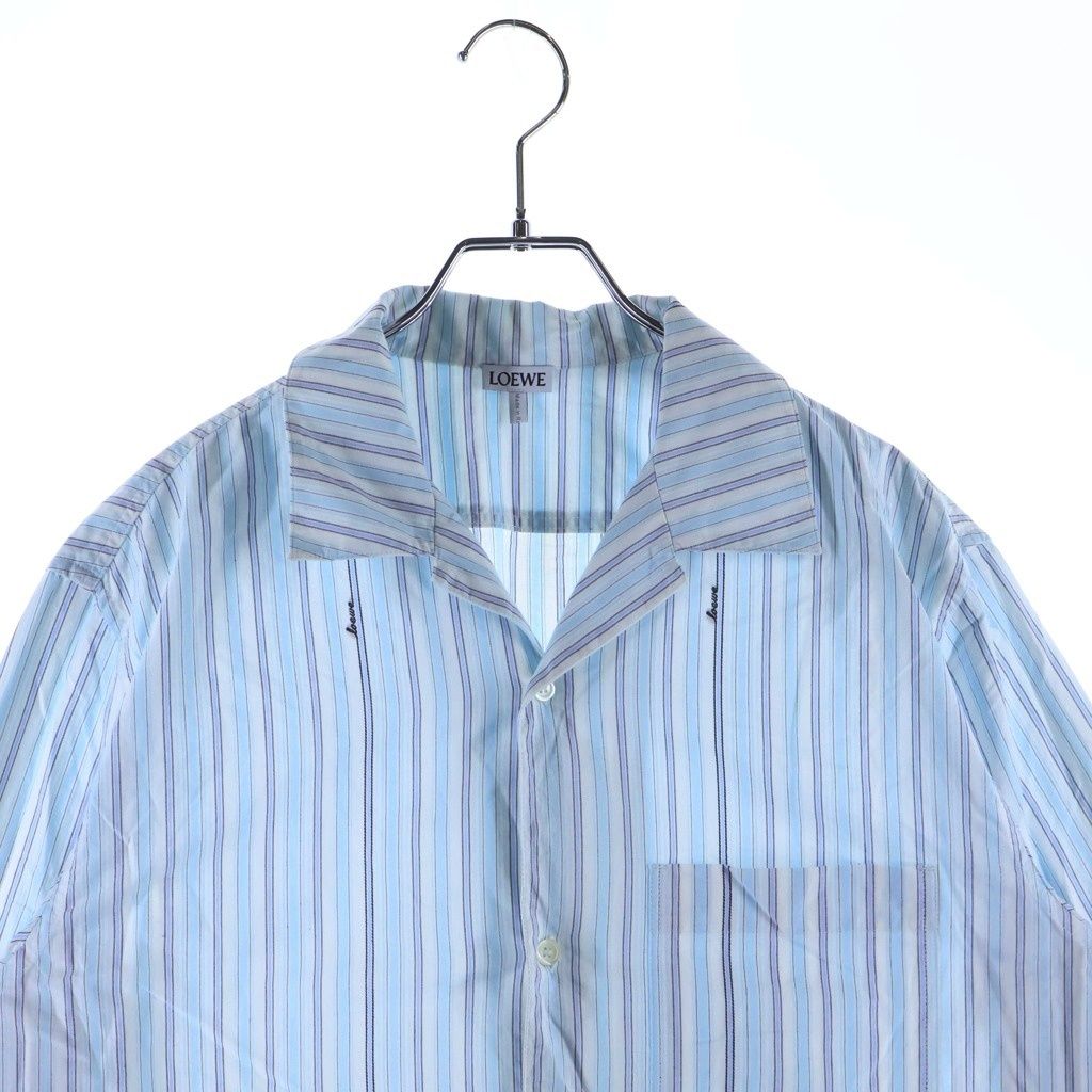 Loewe Logo Embroidery Chest Pocket Open Collar Striped Long Sleeve Shirt Blue — view 3