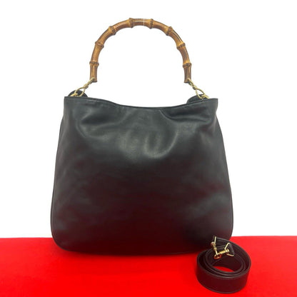 Gucci Vintage Bamb Leather 2-Way Shoulder Bag Black