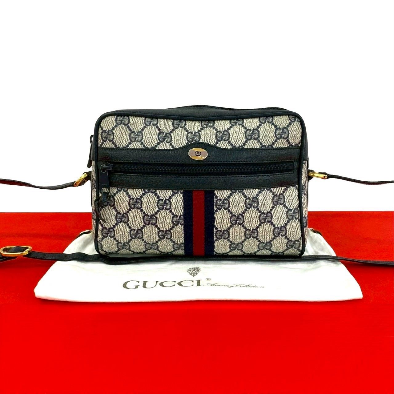 Gucci Vintage Sherry Line GG Logo Leather Shoulder Bag Navy