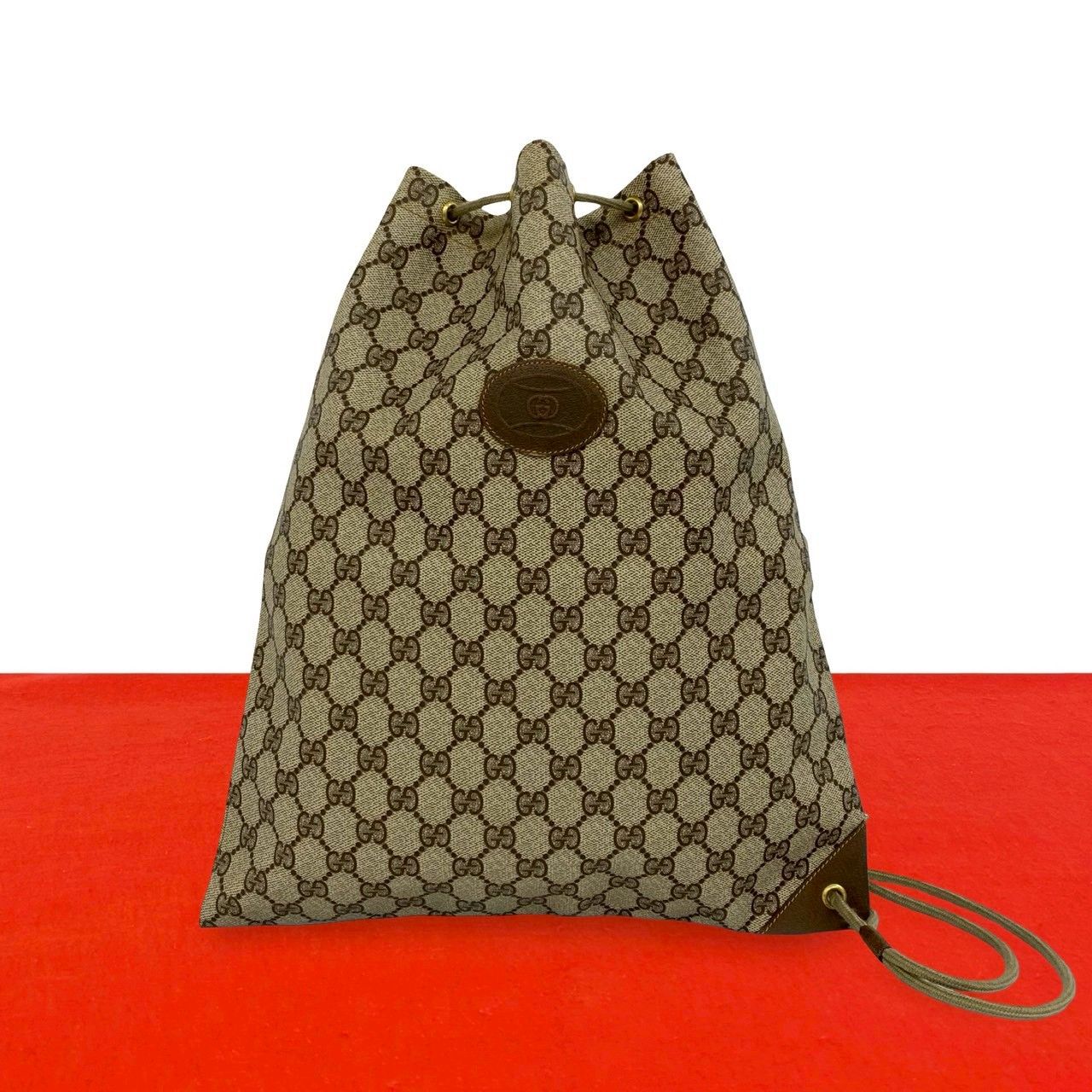 Gucci Vintage GG Logo Leather Shoulder Bag Drawstring Brown