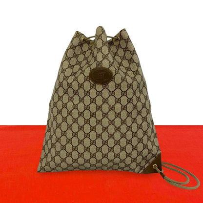 Gucci Vintage GG Logo Leather Shoulder Bag Drawstring Brown