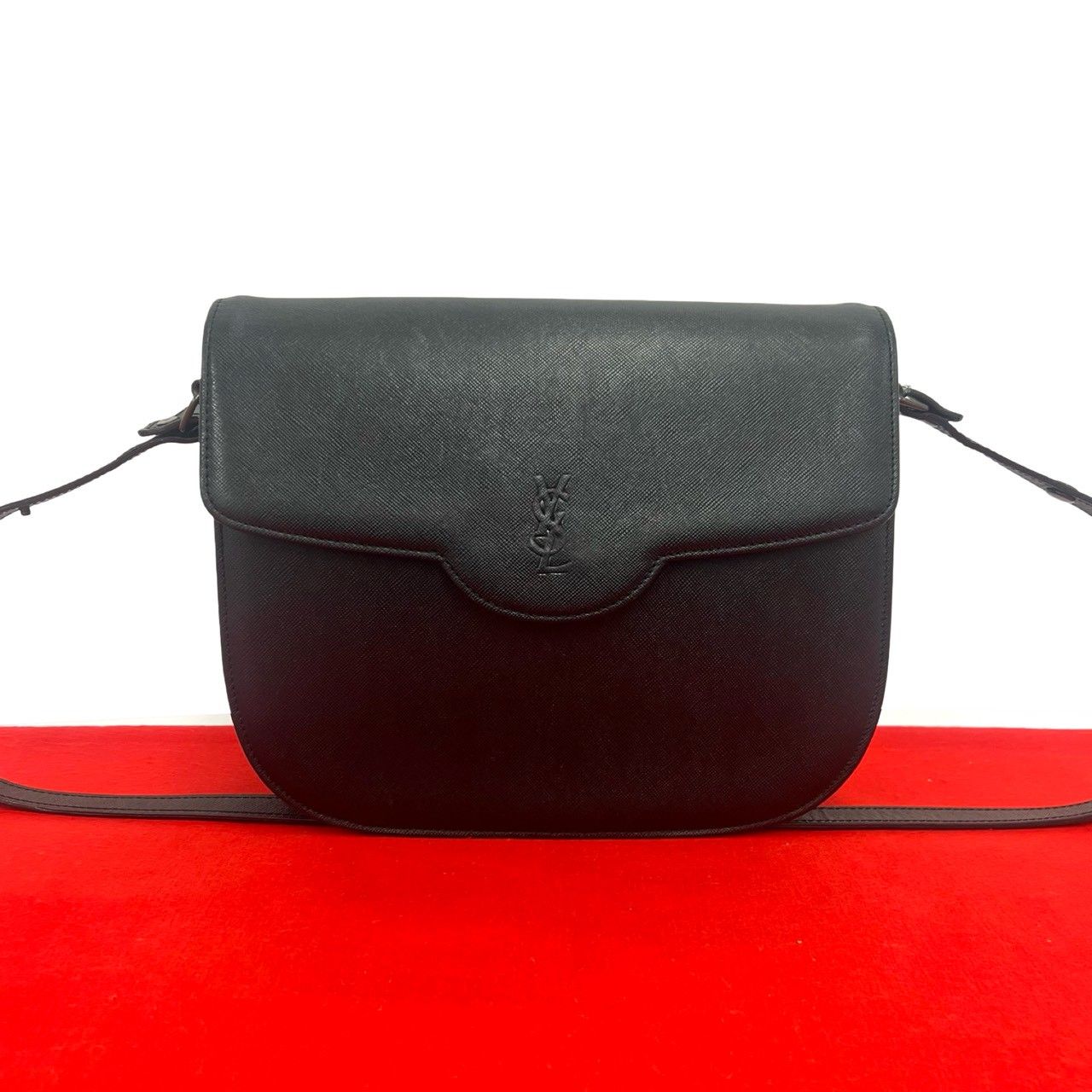 Saint Laurent Yves Vintage YSL Logo Leather Shoulder Bag Pochette Black