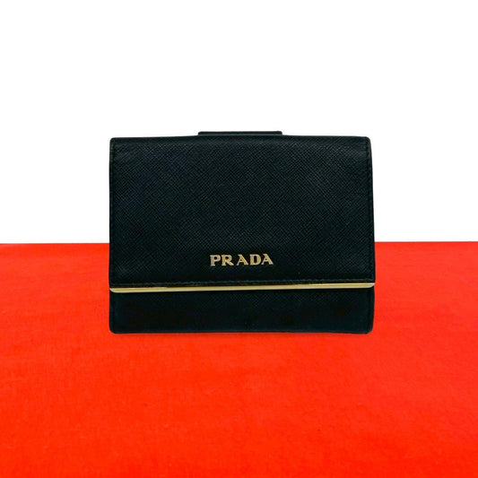 Prada Logo Saffiano Leather Bifold Wallet Mini Card Case Black