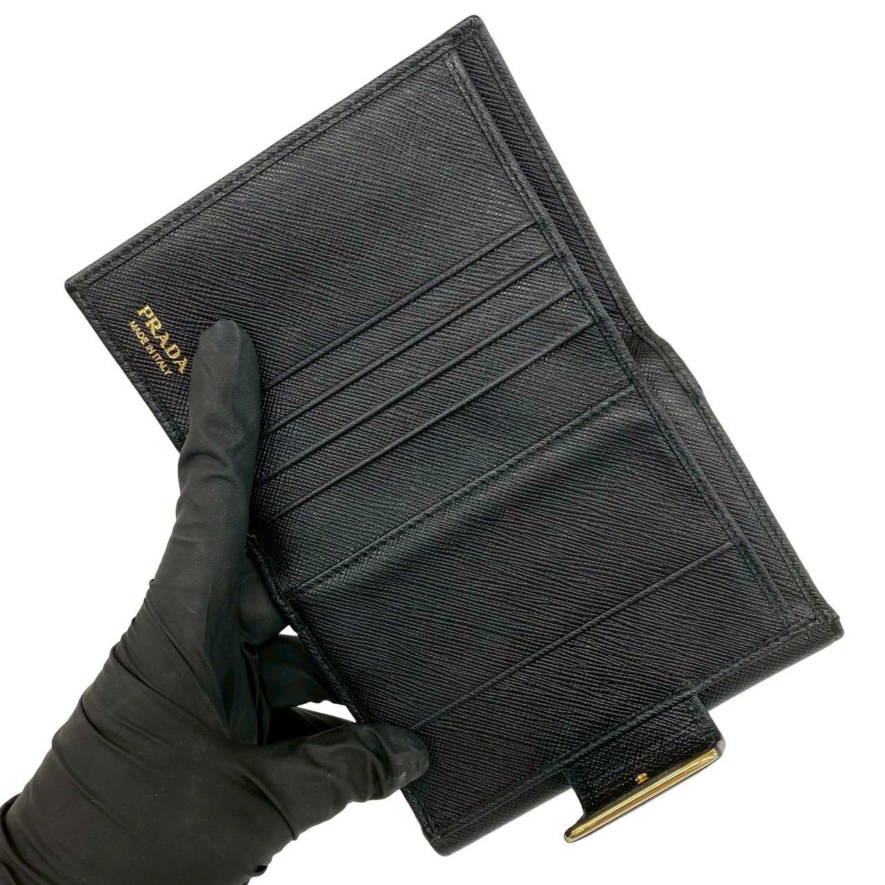 Prada Logo Saffiano Leather Bifold Wallet Mini Card Case Black — view 7