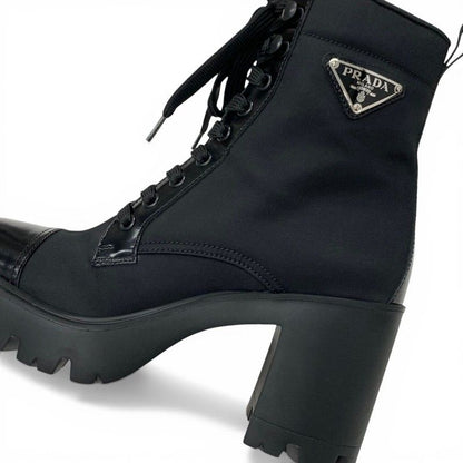 Prada Boots Short Shoes Nylon Leather Black Silver Triangle Logo Lace Up — view 9
