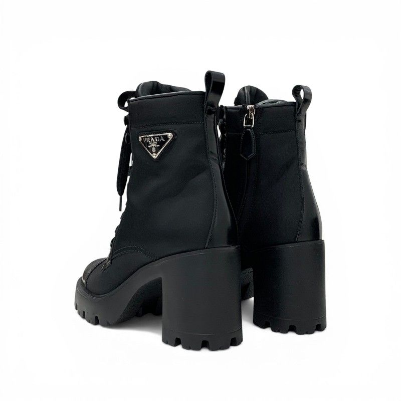 Prada Boots Short Shoes Nylon Leather Black Silver Triangle Logo Lace Up — view 4