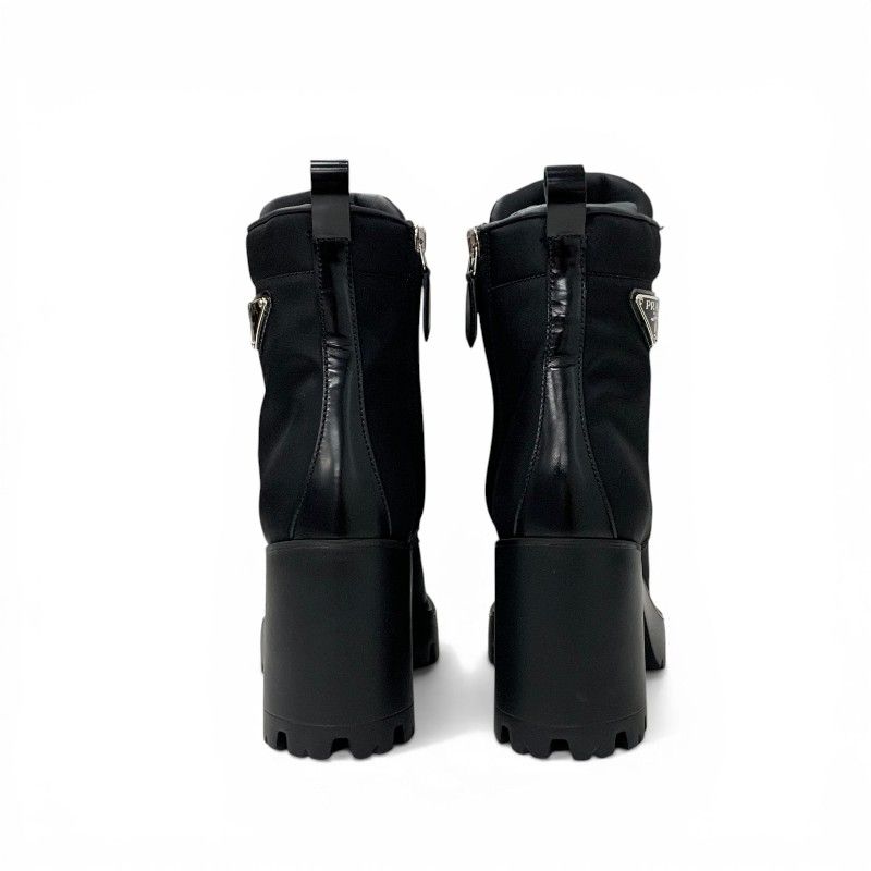 Prada Boots Short Shoes Nylon Leather Black Silver Triangle Logo Lace Up — view 5