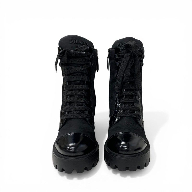 Prada Boots Short Shoes Nylon Leather Black Silver Triangle Logo Lace Up — view 2