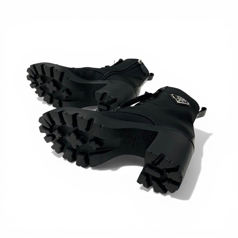 Prada Boots Short Shoes Nylon Leather Black Silver Triangle Logo Lace Up — view 6