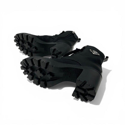 Prada Boots Short Shoes Nylon Leather Black Silver Triangle Logo Lace Up — view 6