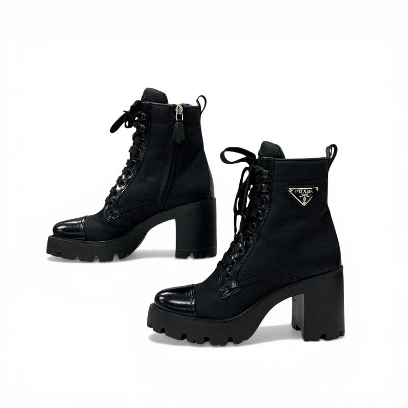 Prada Boots Short Shoes Nylon Leather Black Silver Triangle Logo Lace Up — view 3