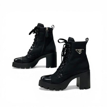 Prada Boots Short Shoes Nylon Leather Black Silver Triangle Logo Lace Up — view 3
