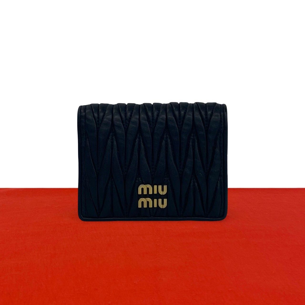 Miu Miu Logo Matelasse Leather Bifold Wallet Mini Card Case Coin Purse Black