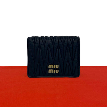 Miu Miu Logo Matelasse Leather Bifold Wallet Mini Card Case Coin Purse Black