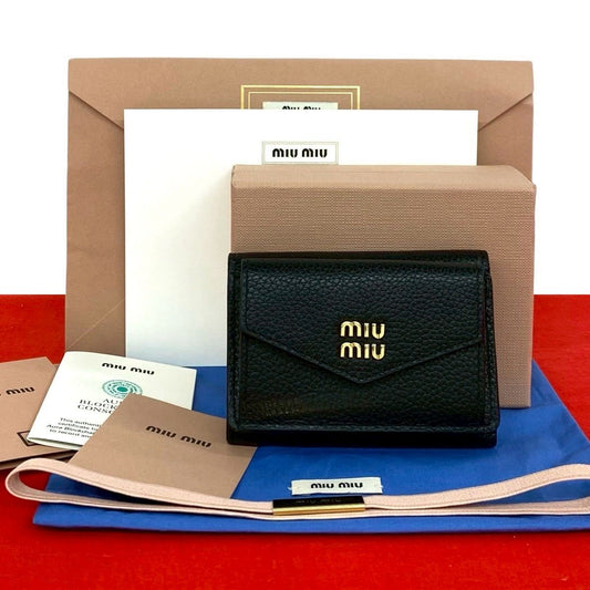 Miu Miu Box Logo Vitello Daino Leather Trifold Wallet Mini Black Handbag