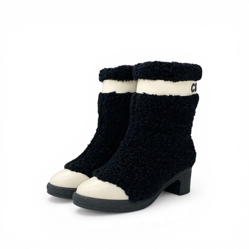 Chanel Boots Short Shoes Shearling Leather Black White CC Logo