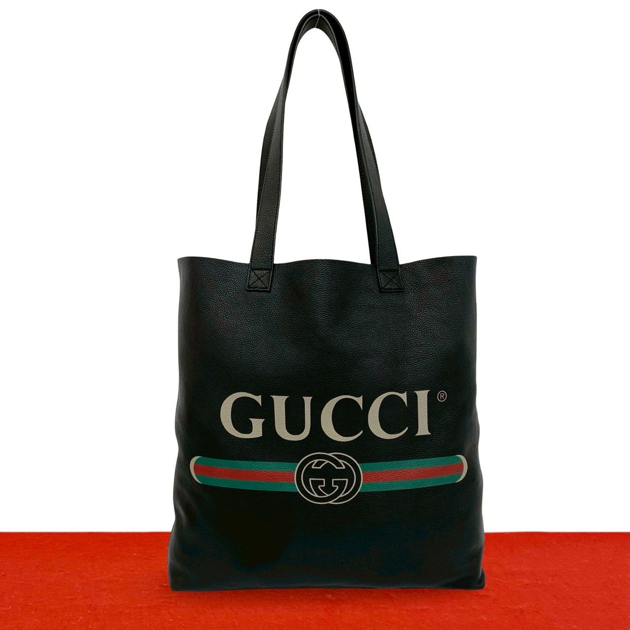 Gucci Sherry Line GG Logo Print Leather Tote Shoulder Bag Black