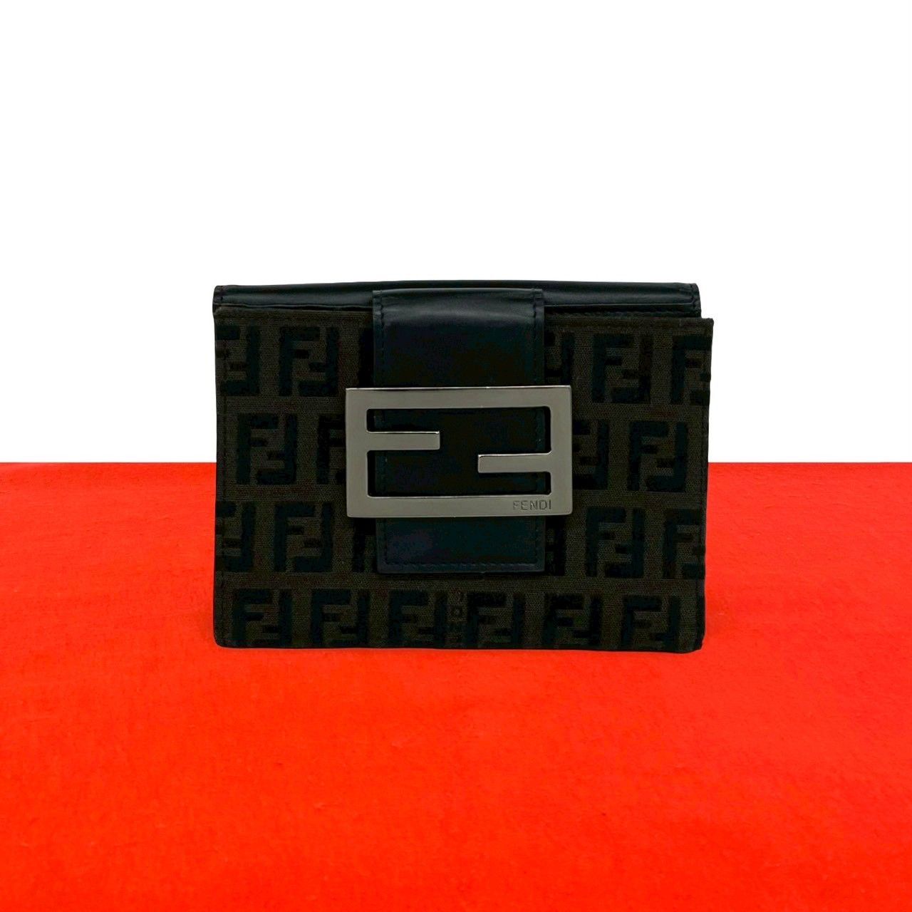Fendi Zucca FF Pattern Logo Canvas Leather Bifold Wallet Mini Dark Brown Black