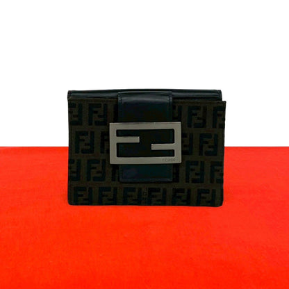 Fendi Zucca FF Pattern Logo Canvas Leather Bifold Wallet Mini Dark Brown Black