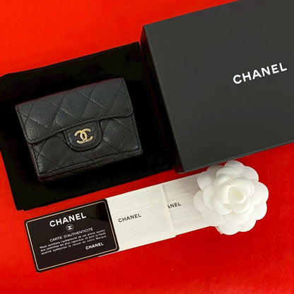 Chanel Box and Quilted CC Logo Caviar Leather Trifold Wallet Mini Black Handbag