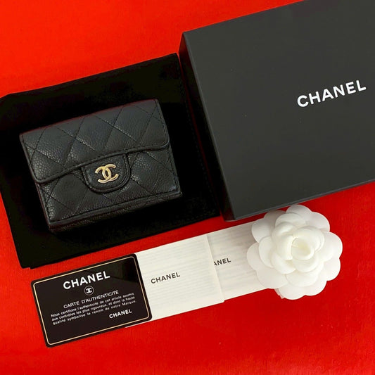 Chanel Box and Quilted CC Logo Caviar Leather Trifold Wallet Mini Black Handbag