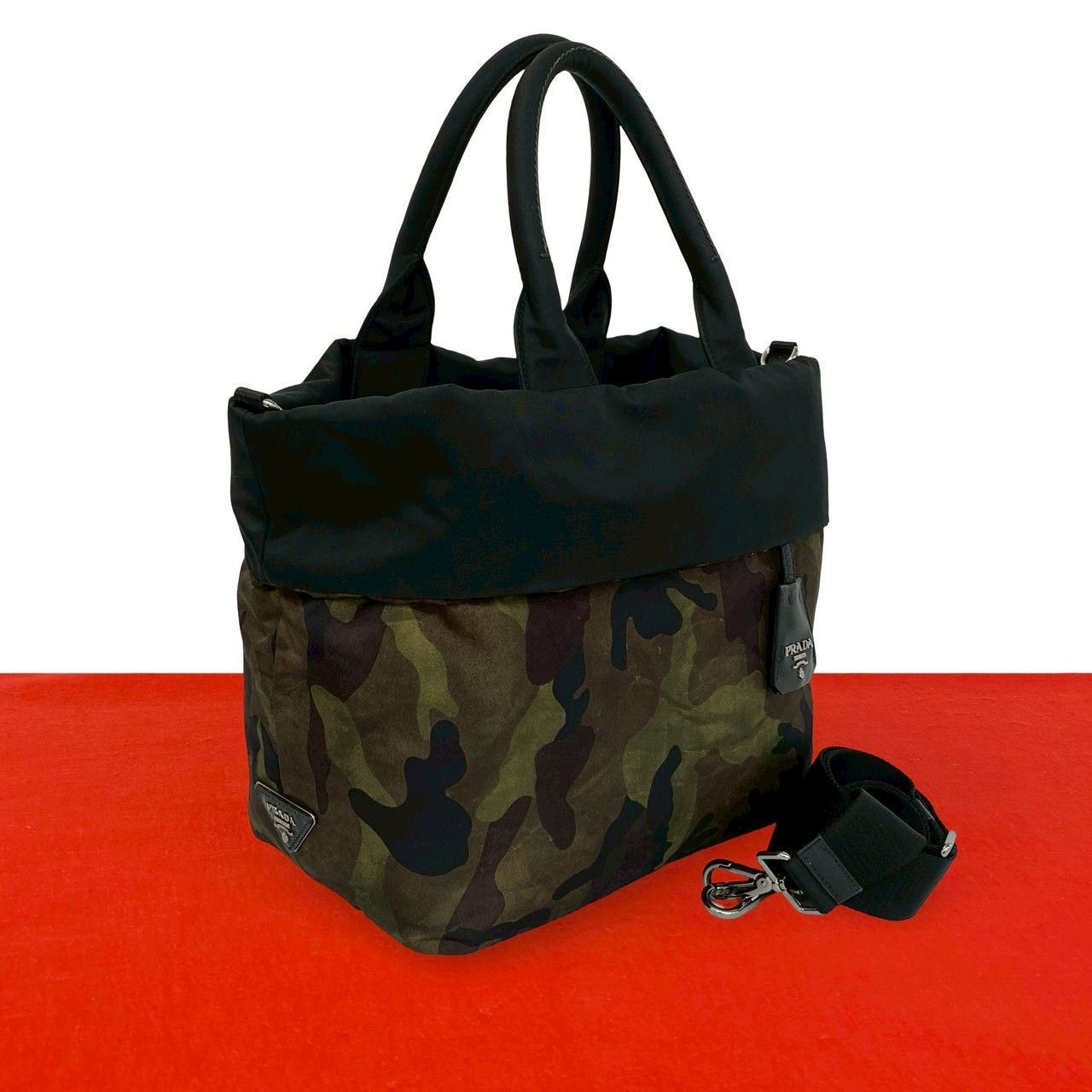 Prada Camouflage Triangle Logo Nylon 2-Way Reversible Shoulder Bag Green Black