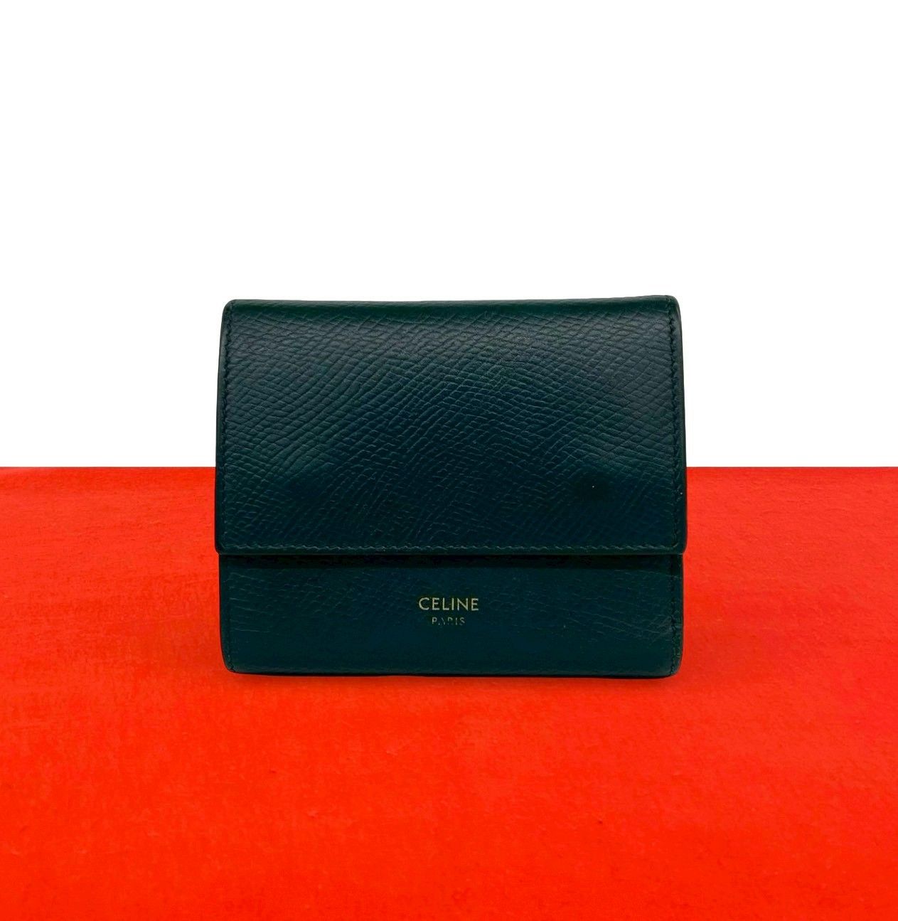 Celine Small Trifold Leather Wallet Mini Card Case Dark Green