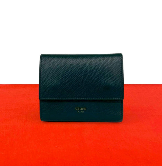 Celine Small Trifold Leather Wallet Mini Card Case Dark Green