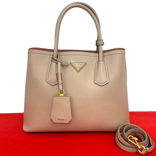 Prada Triangle Logo Saffiano Leather 2-Way Tote Shoulder Bag Pink Beige