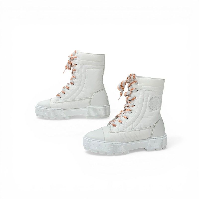 Hermes Fresh Boots Short Shoes Nylon Leather White Orange Lace Up — view 3