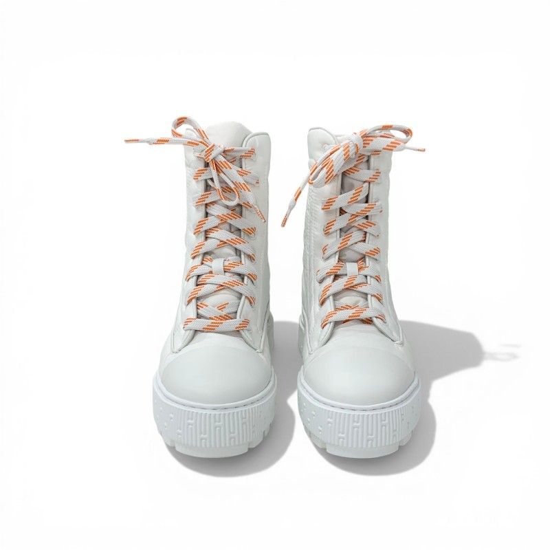 Hermes Fresh Boots Short Shoes Nylon Leather White Orange Lace Up — view 2