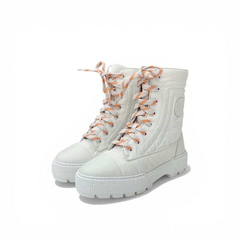 Hermes Fresh Boots Short Shoes Nylon Leather White Orange Lace Up