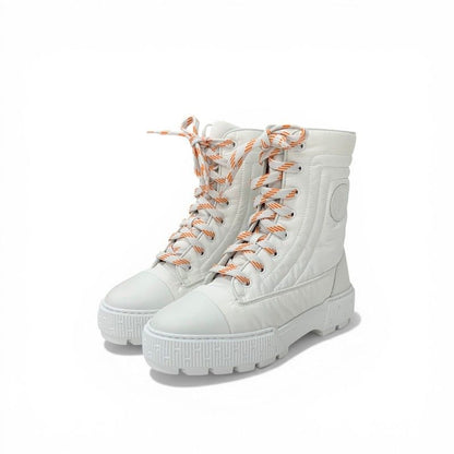 Hermes Fresh Boots Short Shoes Nylon Leather White Orange Lace Up