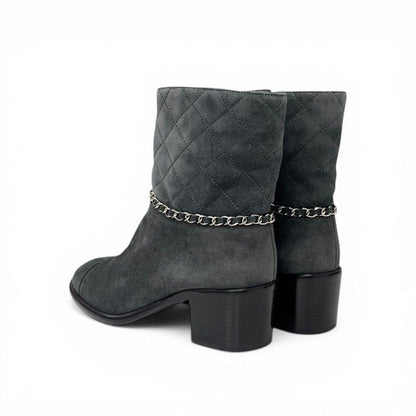 Chanel Boots Short Shoes Suede Gray Silver CC Logo Quilted Chain — view 4