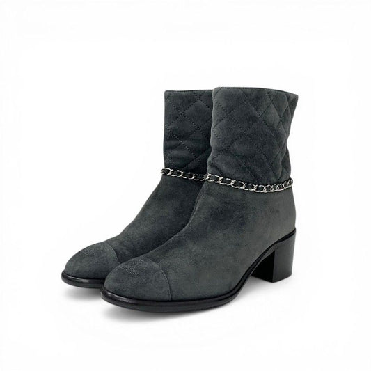 Chanel Boots Short Shoes Suede Gray Silver CC Logo Quilted Chain