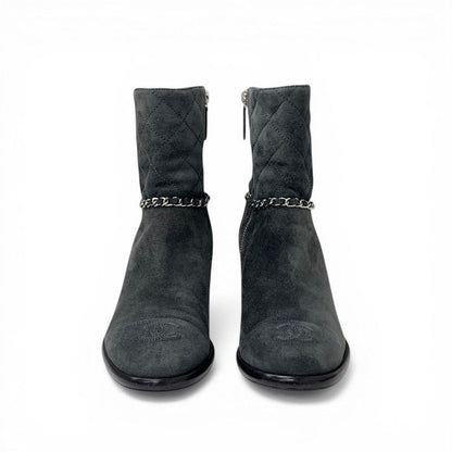 Chanel Boots Short Shoes Suede Gray Silver CC Logo Quilted Chain — view 2