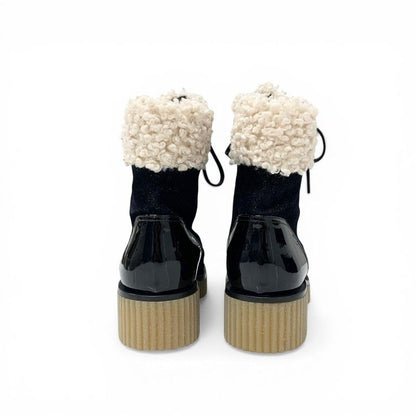 Chanel Boots Short Shoes Fabric Patent Boa Black Beige CC Logo — view 5