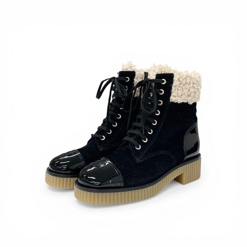 Chanel Boots Short Shoes Fabric Patent Boa Black Beige CC Logo