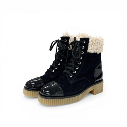 Chanel Boots Short Shoes Fabric Patent Boa Black Beige CC Logo