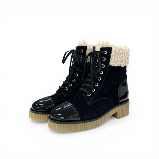 Chanel Boots Short Shoes Fabric Patent Boa Black Beige CC Logo