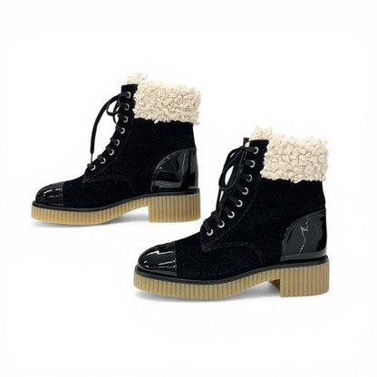Chanel Boots Short Shoes Fabric Patent Boa Black Beige CC Logo — view 3