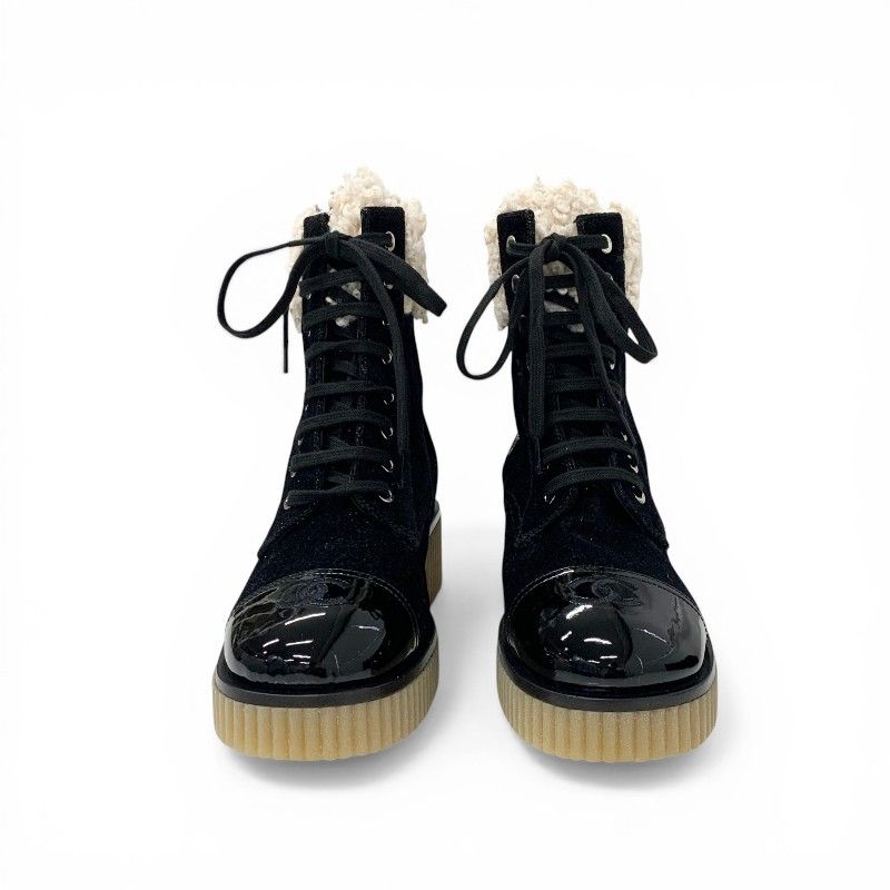 Chanel Boots Short Shoes Fabric Patent Boa Black Beige CC Logo — view 2