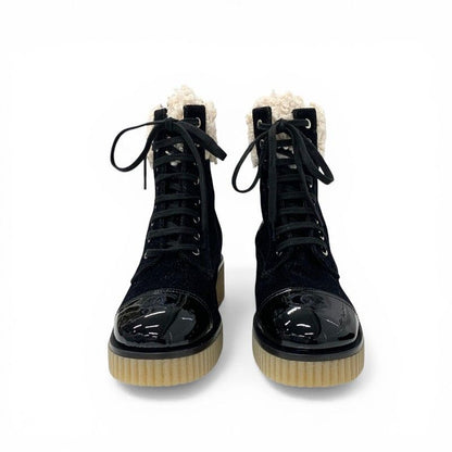 Chanel Boots Short Shoes Fabric Patent Boa Black Beige CC Logo — view 2