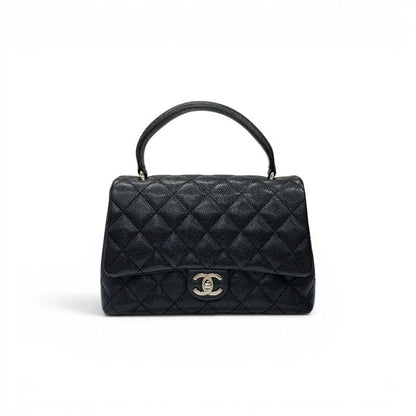Chanel Handbag Black Silver CC Logo Quilted Top Handle