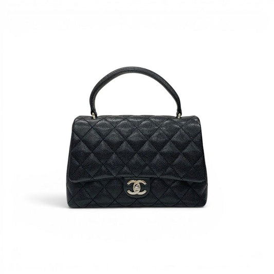 Chanel Handbag Black Silver CC Logo Quilted Top Handle