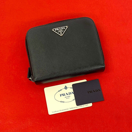 Prada Triangle Logo Saffiano Leather Bifold Wallet Mini Billfold Coin Purse