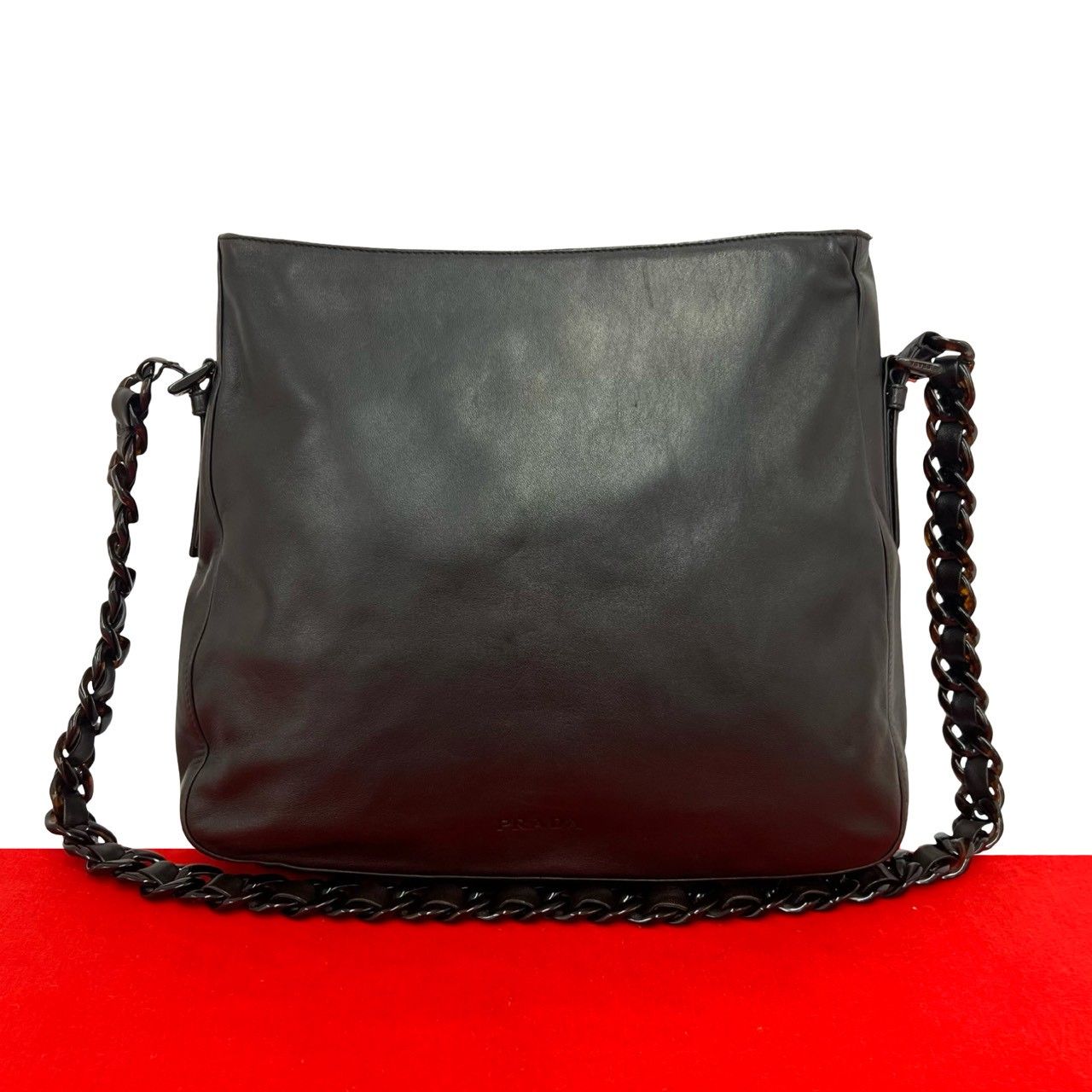 Prada Logo Leather Chain Shoulder Bag Crossbody Pochette Cross Brown